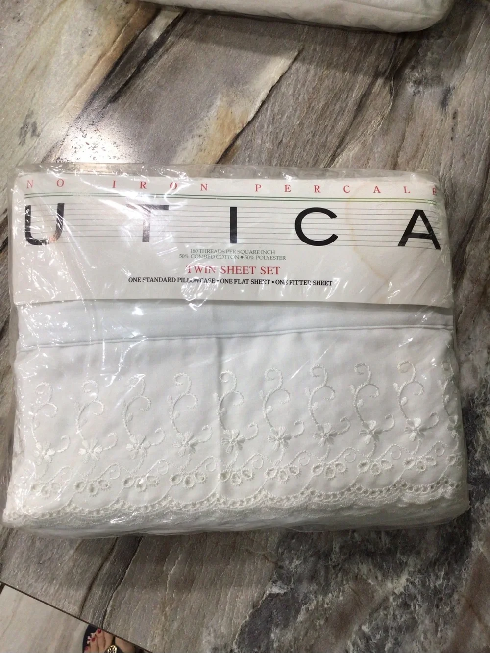 Vintage 90s Utica Twin Sheet Set White Lace Embroidered No Iron Percale USA NIP